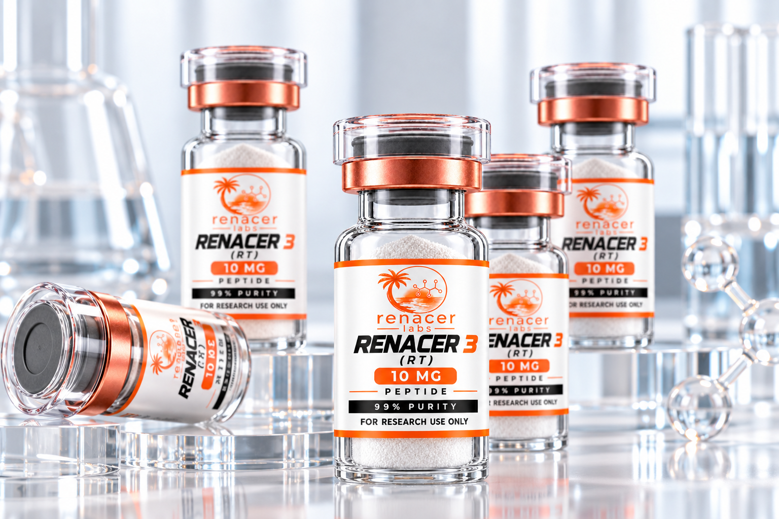 Renacer Labs research peptide vials in a clinical glass laboratory